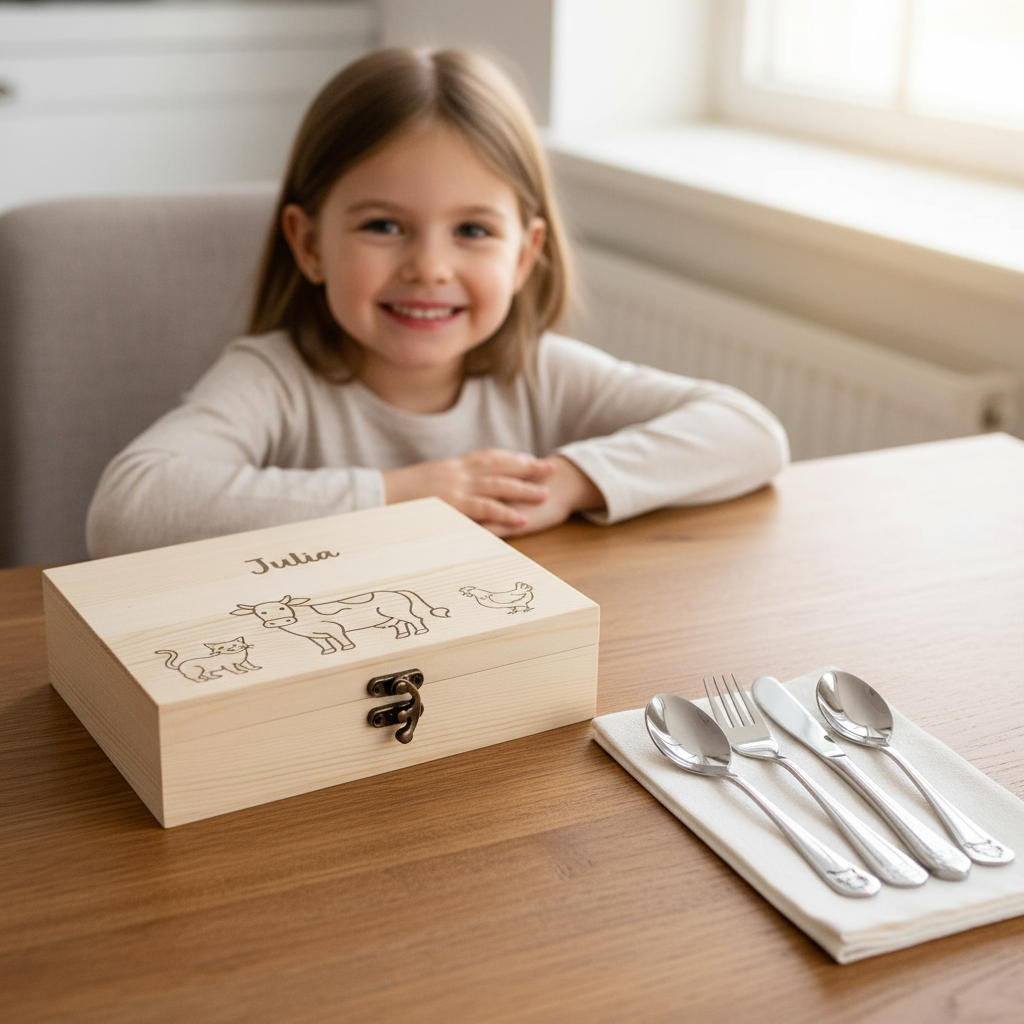 wunderschönes Kinderbesteck mit edler Holzbox alles personalisierbar