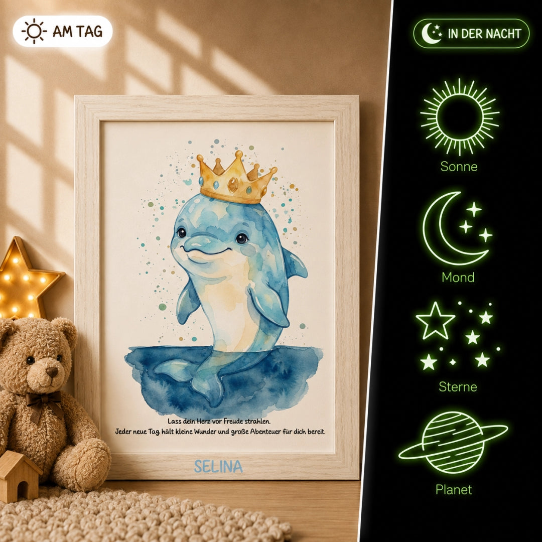 Glow Dreams Krafttier Delfin – personalisiertes Leuchtbild für Kinder mit Delfin, Name und sanft leuchtendem Nachtbegleiter im Holzrahmen