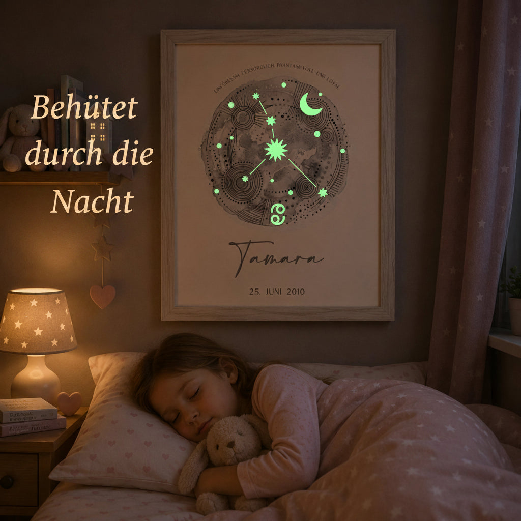 personalisierter glow dreams sternzeichen bilderrahmen im kinderzimmer mit schlafendem kind und kraftfarbe aquarellkreis