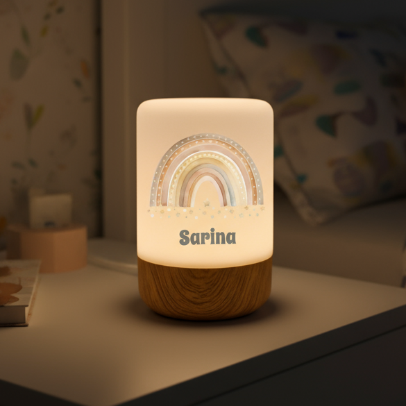 Nachtlicht LED für Kinder bedruckt mit süssem Regenbogen Motiv im Kinderzimmer mit Namen personalisiert