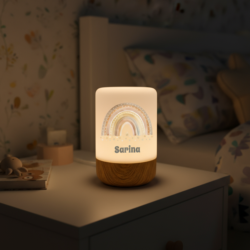 Nachtlicht LED für Kinder bedruckt mit süssem Regenbogen Motiv im Kinderzimmer mit Namen personalisiert