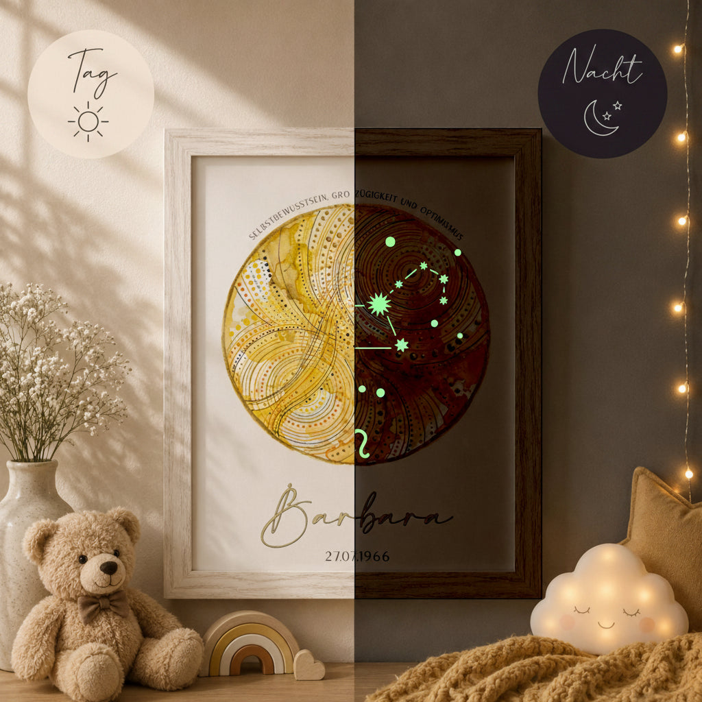 glow dreams sternzeichen löwe bilderrahmen mit goldenem aquarellkreis kraftfarbe tag nacht vergleich personalisiert