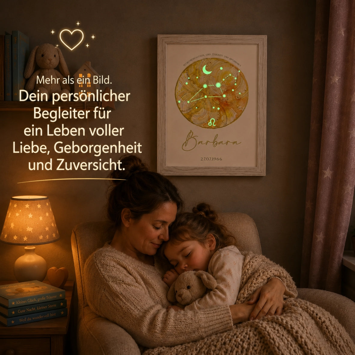 personalisierter glow dreams sternzeichen bilderrahmen mit kraftfarbe aquarellkreis im kinderzimmer bei nacht mutter und kind