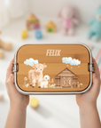 Lunchbox Edelstahl mit Holzbrett Bauernhof & Namen personalisiert