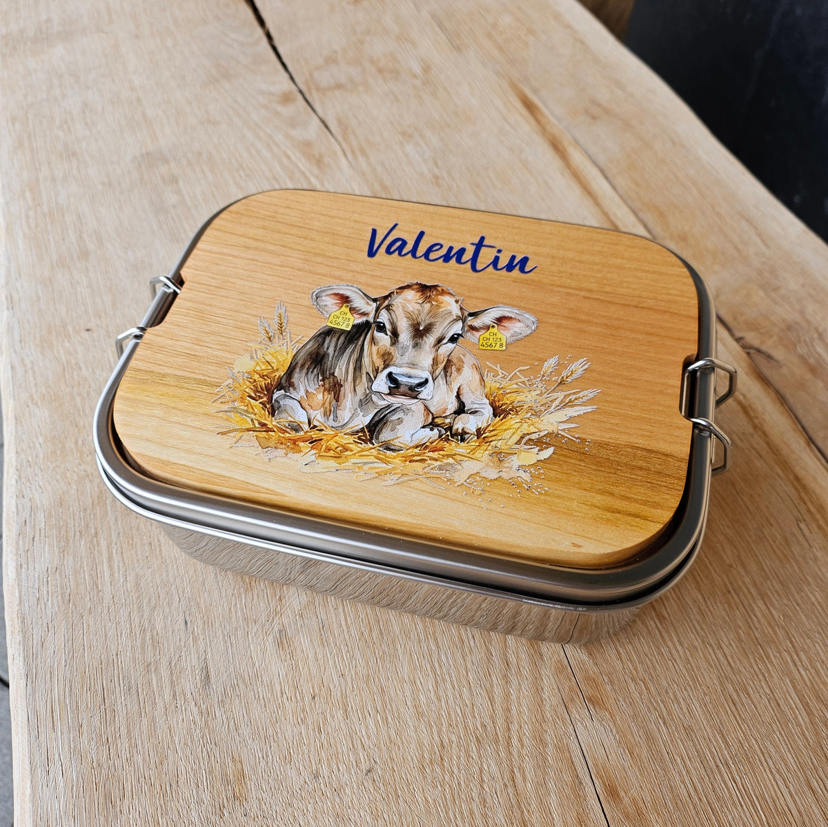 Lunchbox Edelstahl mit Holzbrett Brown Swiss &amp; Namen personalisiert
