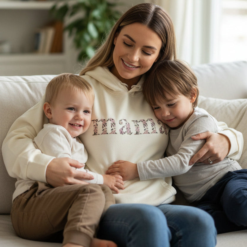 mama mit ihrem neuen Pullover wo personalisiert ist mit einem wunderschönem Stick auf der Brust in blumen design mama geschrieben