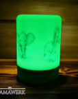 Grün erleuchtetes LED-Nachtlicht für Kinder mit Boho- Elefant und Zebra Motiv. Mit Holzsockel, auf Holztisch stehend.