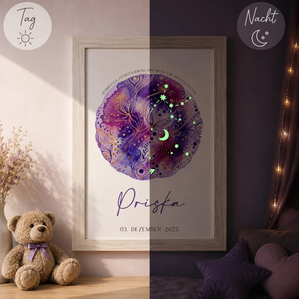 personalisierter glow dreams bilderrahmen sternzeichen schütze mit purpur und pinkem aquarell kraftkreis leuchtender sternkarte personalisiertem namen und geburtsdatum im hochwertigen holzrahmen