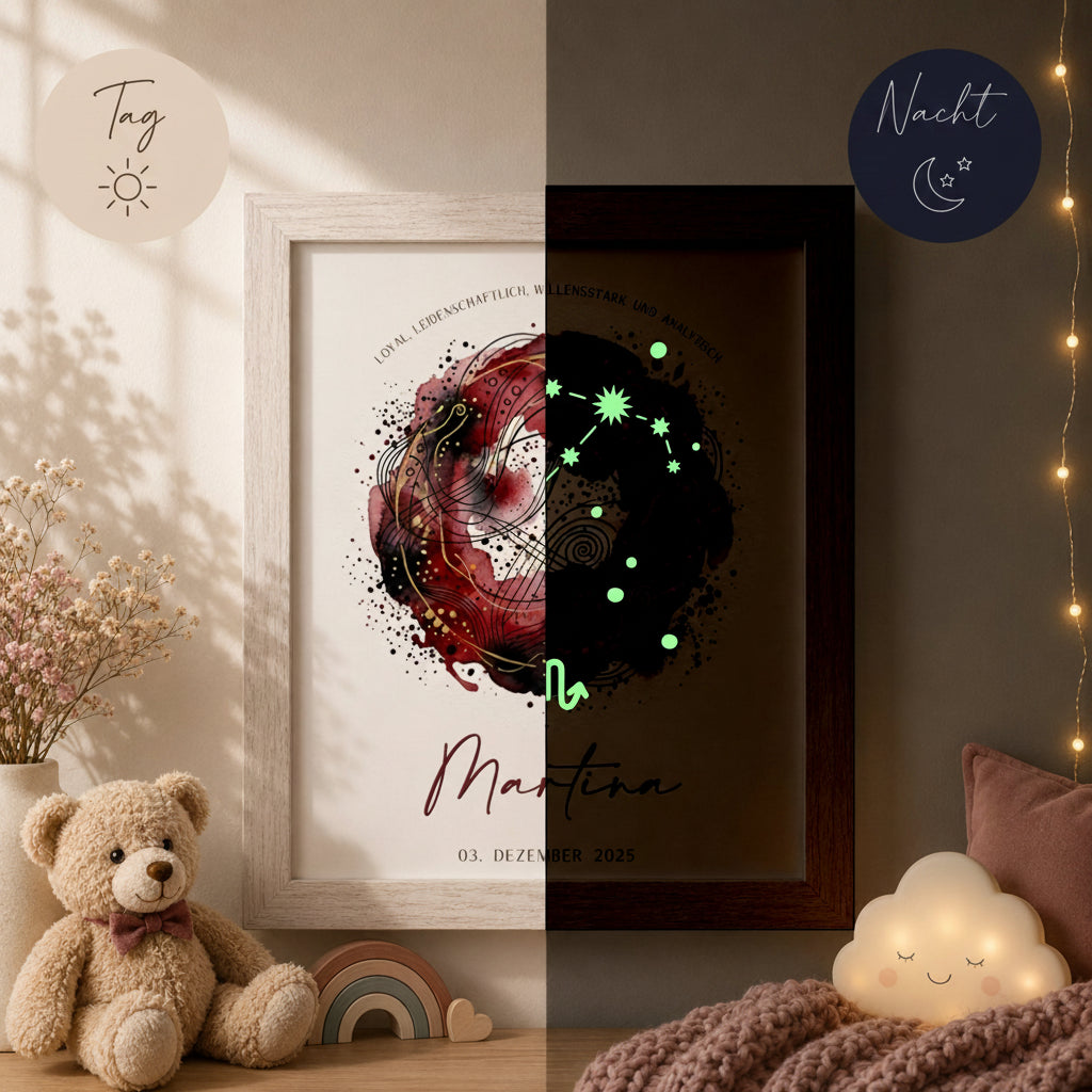 glow dreams sternzeichen skorpion bilderrahmen mit bordeauxrotem aquarellkreis kraftfarbe tag nacht vergleich personalisiert