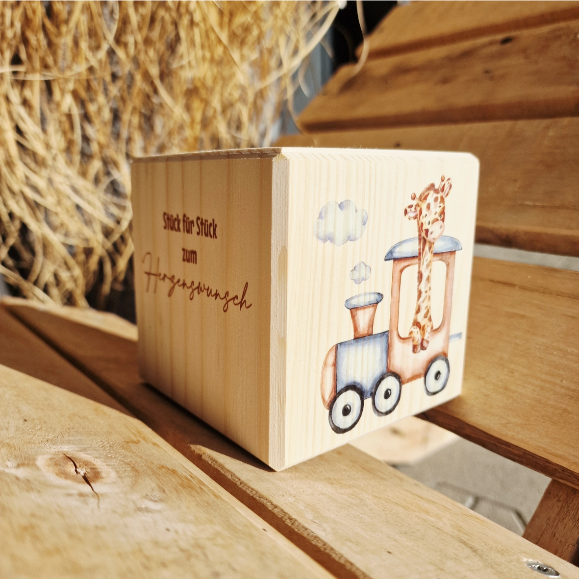 Spardose Holzwürfel mit rundum druck safari motiv mit spruch und namen personalisiert
