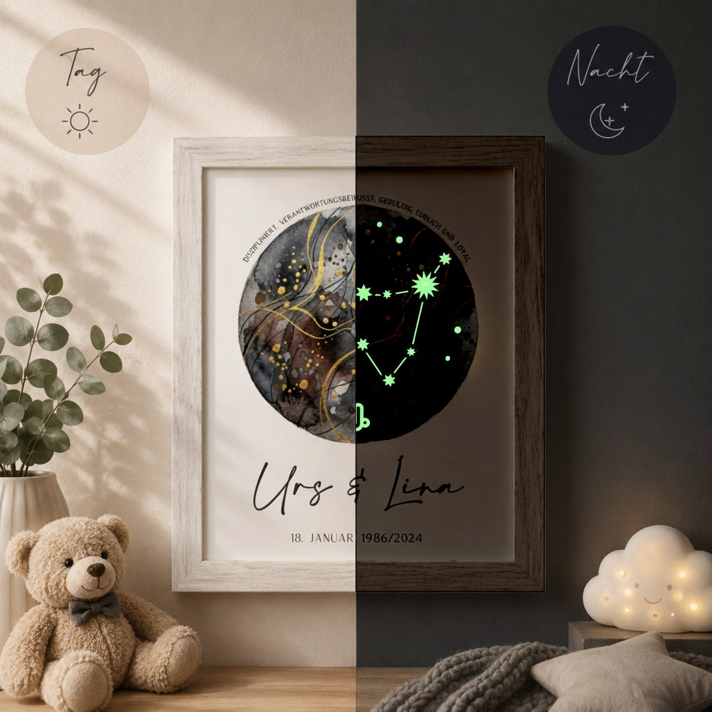 glow dreams sternzeichen steinbock bilderrahmen mit anthrazitfarbenem aquarellkreis kraftfarbe tag nacht vergleich personalisiert