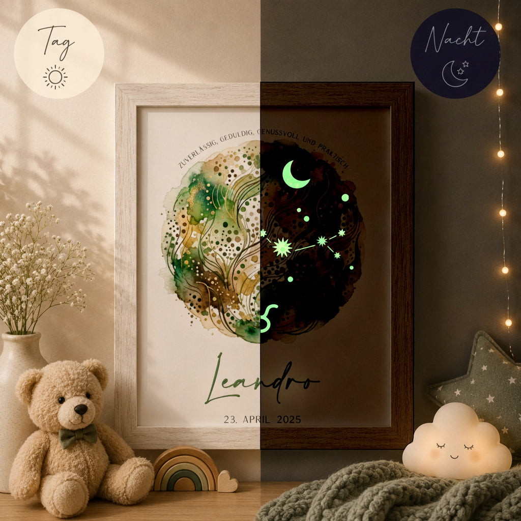 glow dreams sternzeichen stier bilderrahmen mit grünem aquarellkreis kraftfarbe tag nacht vergleich personalisiert