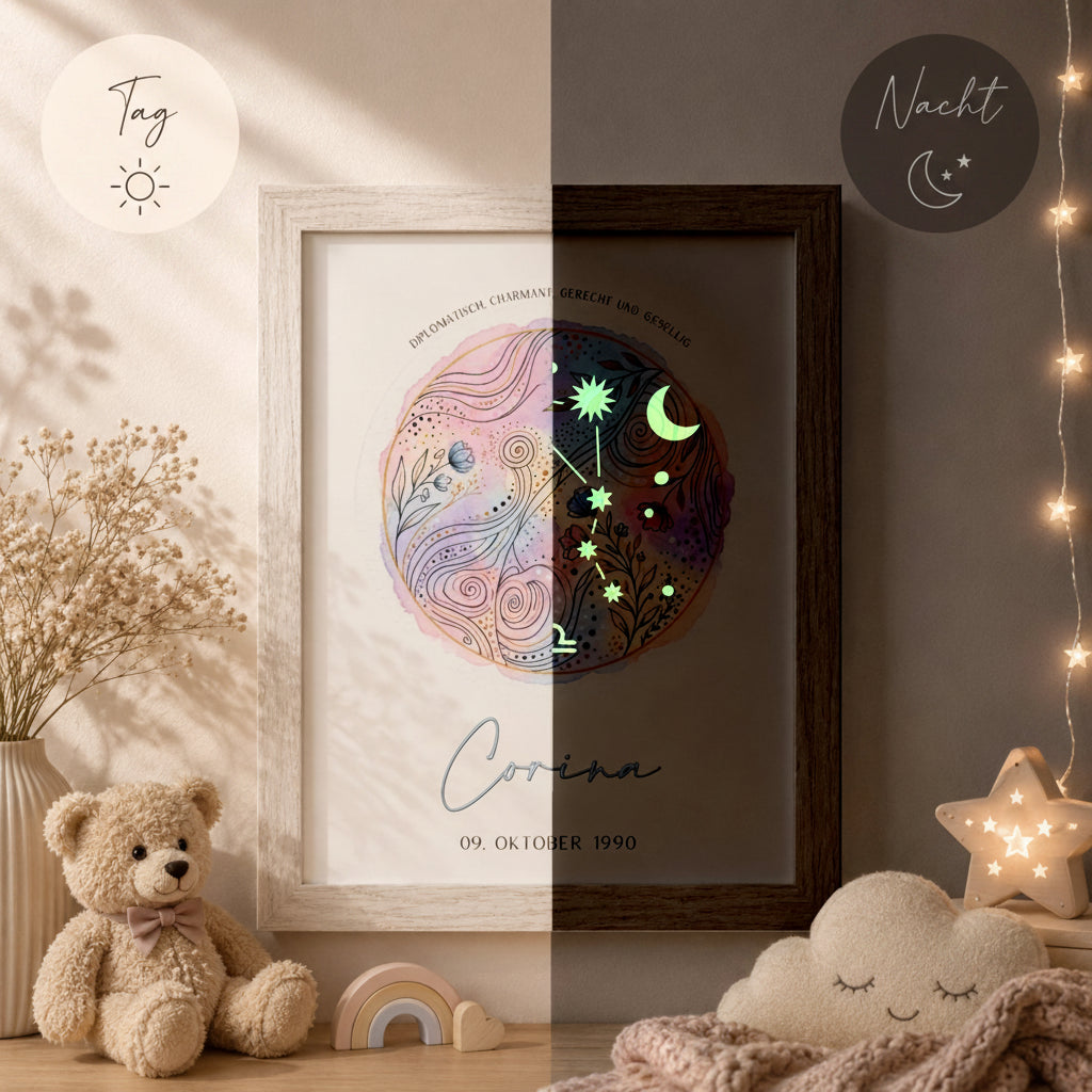 glow dreams sternzeichen waage bilderrahmen mit rosafarbenem aquarellkreis kraftfarbe tag nacht vergleich personalisiert