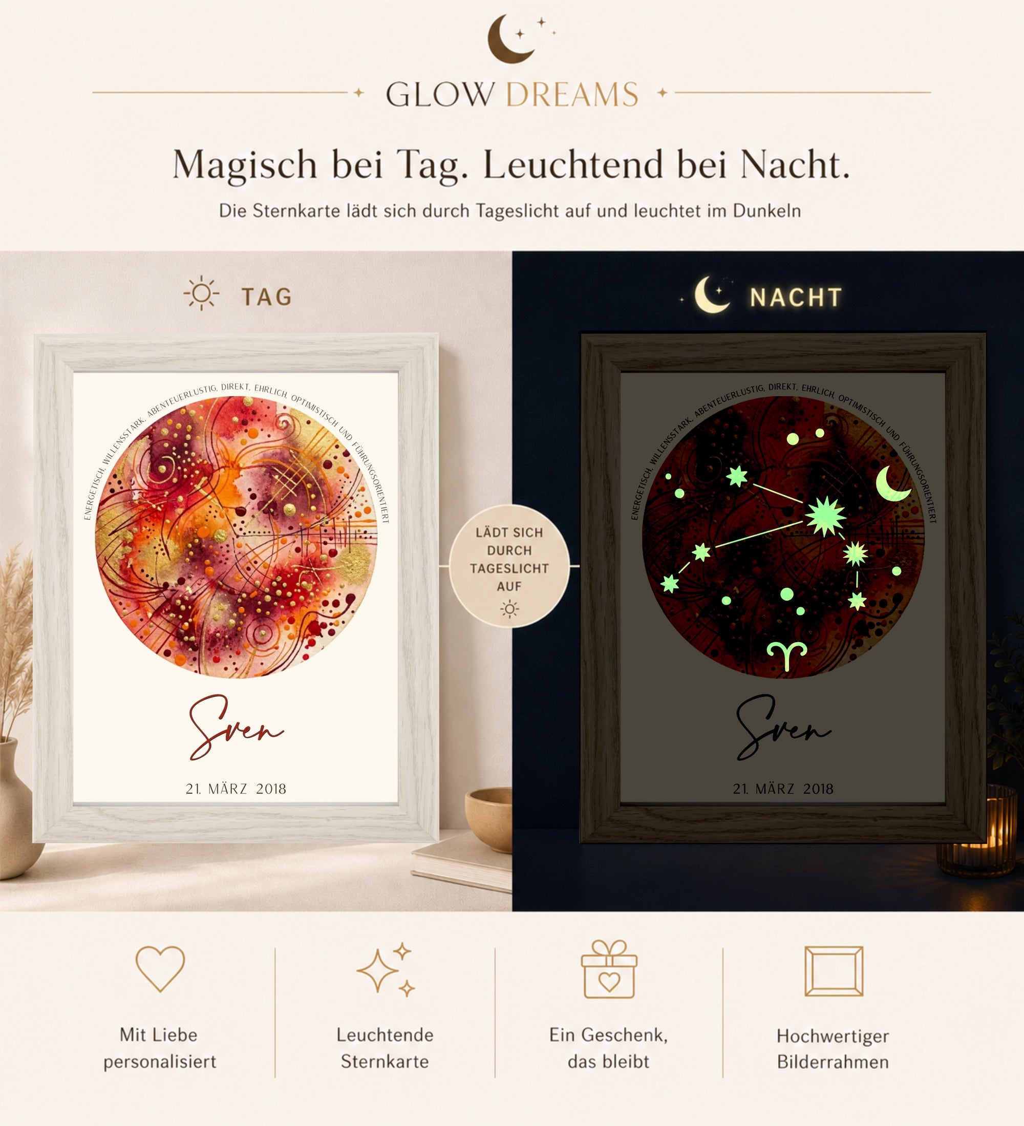 personalisierter glow dreams bilderrahmen sternzeichen widder in rot orange und gold mit abstraktem aquarell design personalisiertem namen und geburtsdatum im hochwertigen holzrahmen
