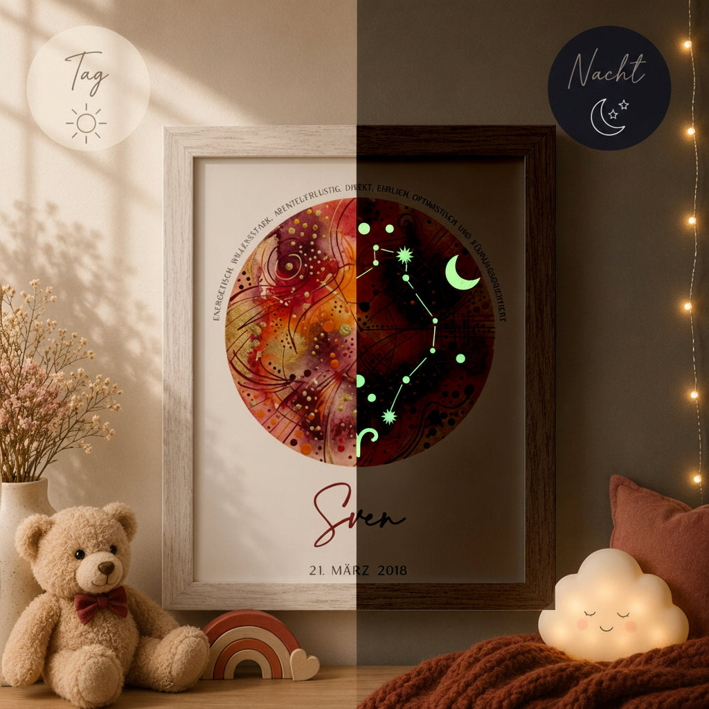 glow dreams sternzeichen widder bilderrahmen mit rotem aquarellkreis kraftfarbe tag nacht vergleich personalisiert
