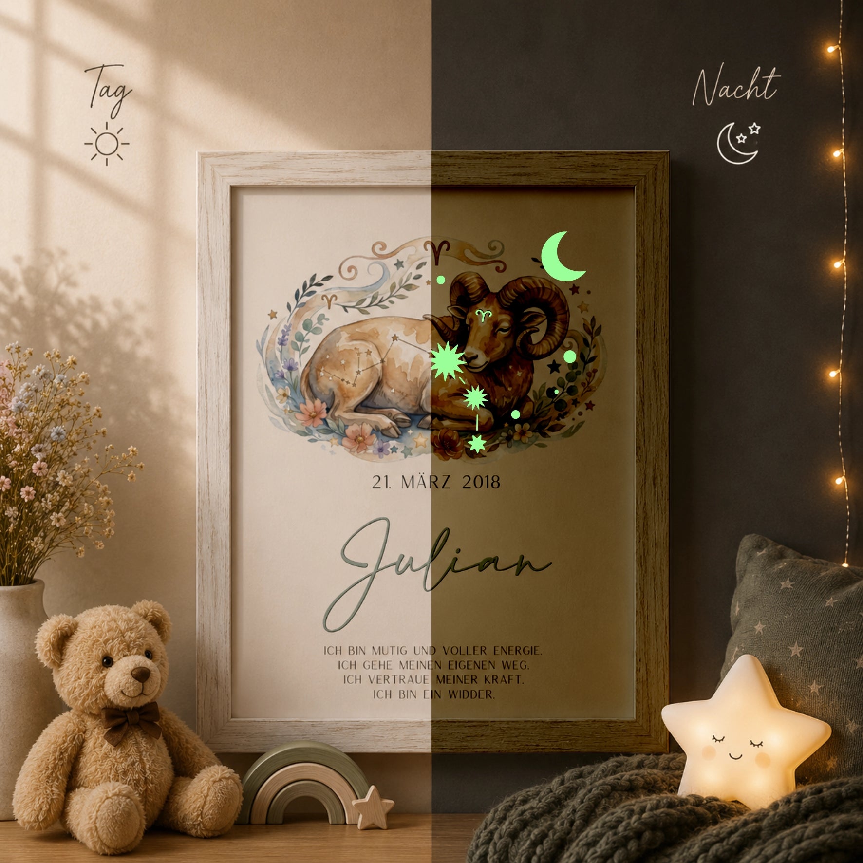 sternzeichen widder bilderrahmen glow effekt tag nacht vergleich leuchtet im dunkeln personalisiert kinderzimmer