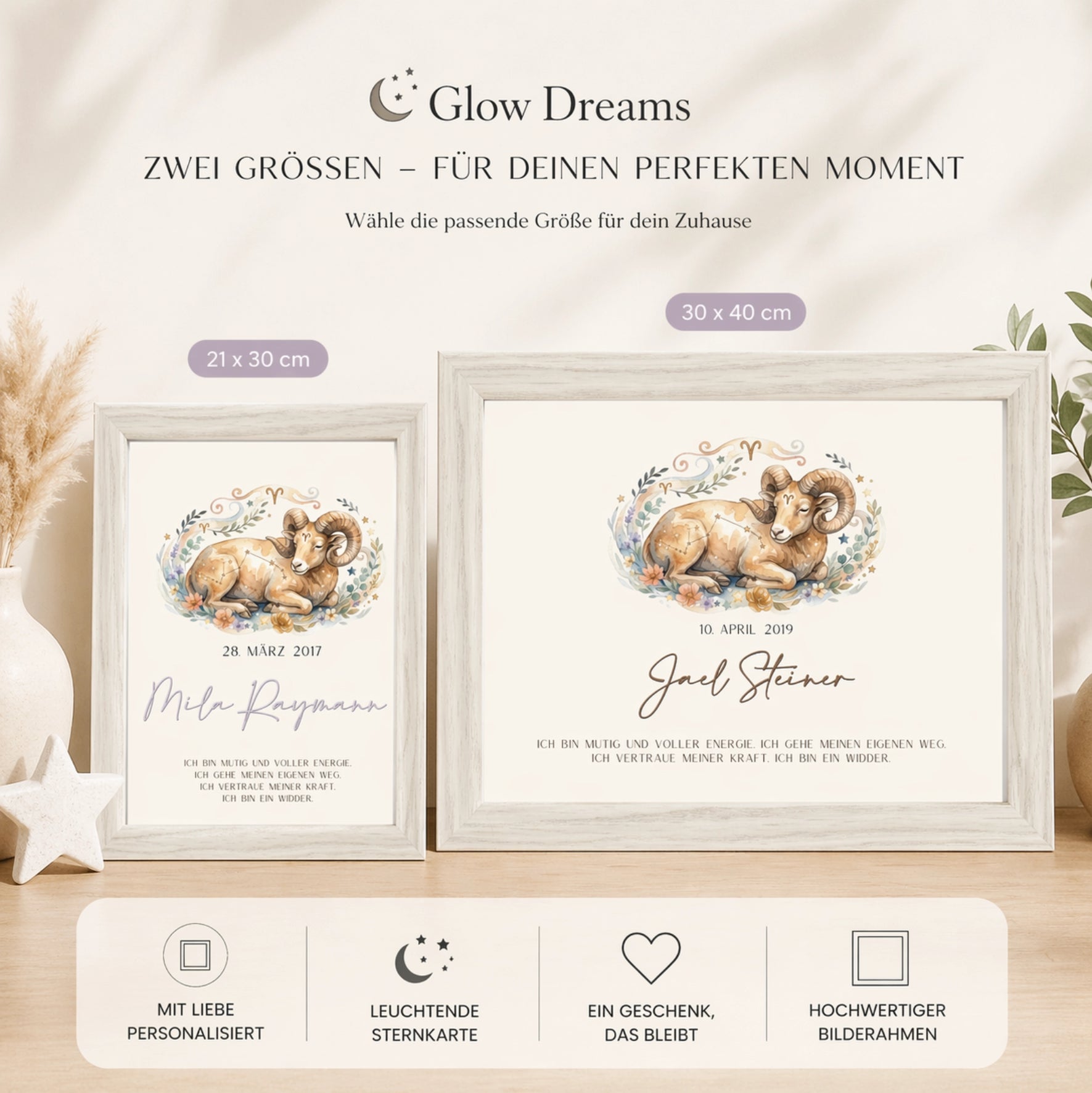 bilderrahmen grössenvergleich 21x30 30x40 personalisiert sternzeichen widder bild kinderzimmer geschenk glow dreams