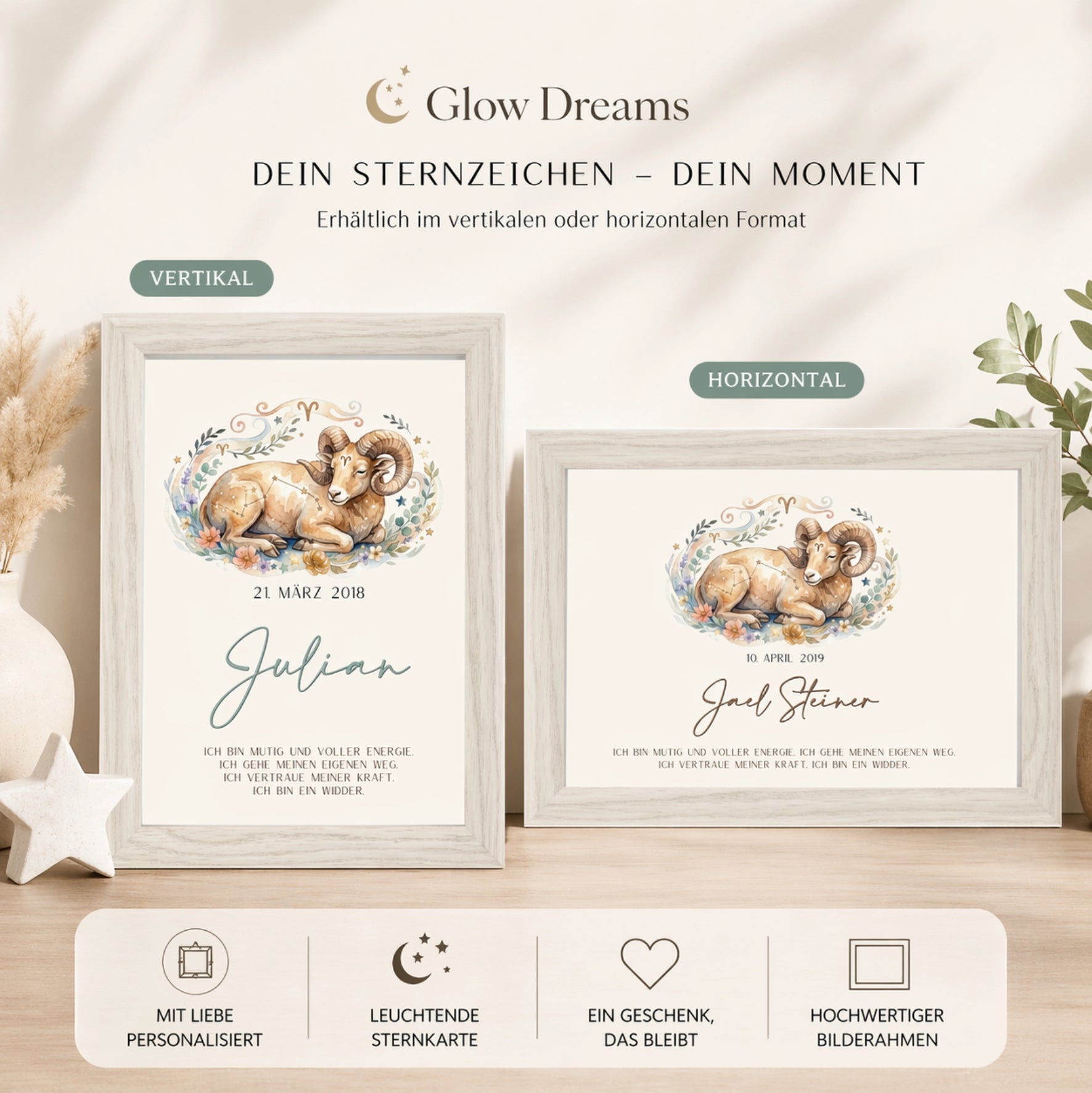 personalisierter bilderrahmen hochformat querformat vergleich sternzeichen widder kinderzimmer glow dreams geschenk mit namen