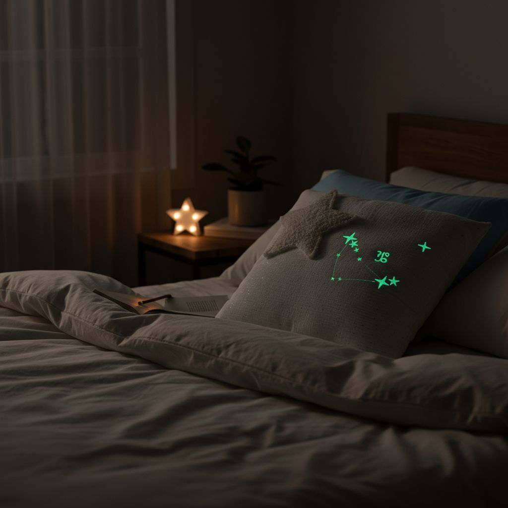 Wunschstern-Kissen Weiss mit goldpunkten in der dämmerung mit glow 