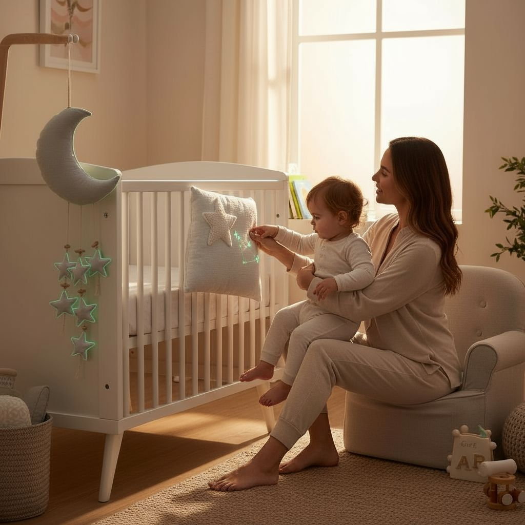 kind und mutter halten wunschstern kissen in der hand wo das sternenbild in der dämmerung erleuchtet. am Kinderbett hängt der grosse mond mit den familiensternen und er erhellt mit der glow umrandung