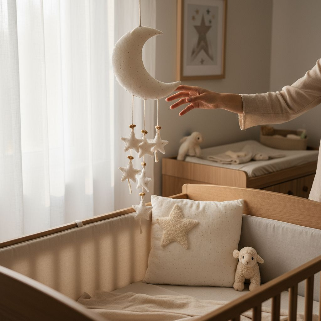 frauen hand nimmt Glow Mond in die Hand  bei Tageslicht und das Wunschkissen steht im Kinderbett