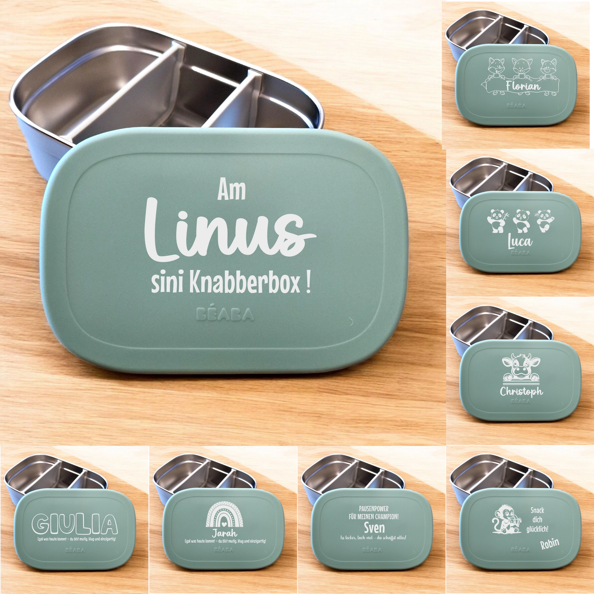 personalisierte Znüniboxen von béaba mit mint silikondeckel