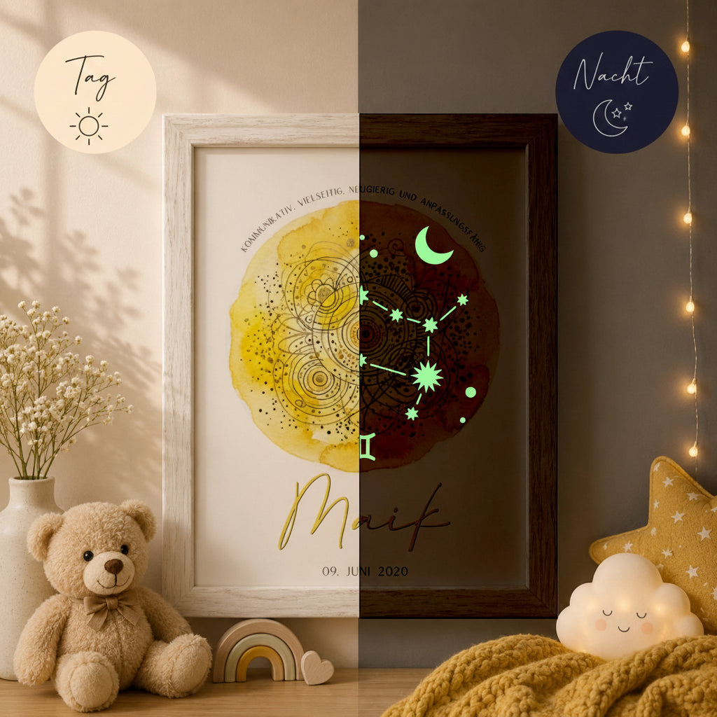 glow dreams sternzeichen zwillinge bilderrahmen mit gelbem aquarellkreis kraftfarbe tag nacht vergleich personalisiert