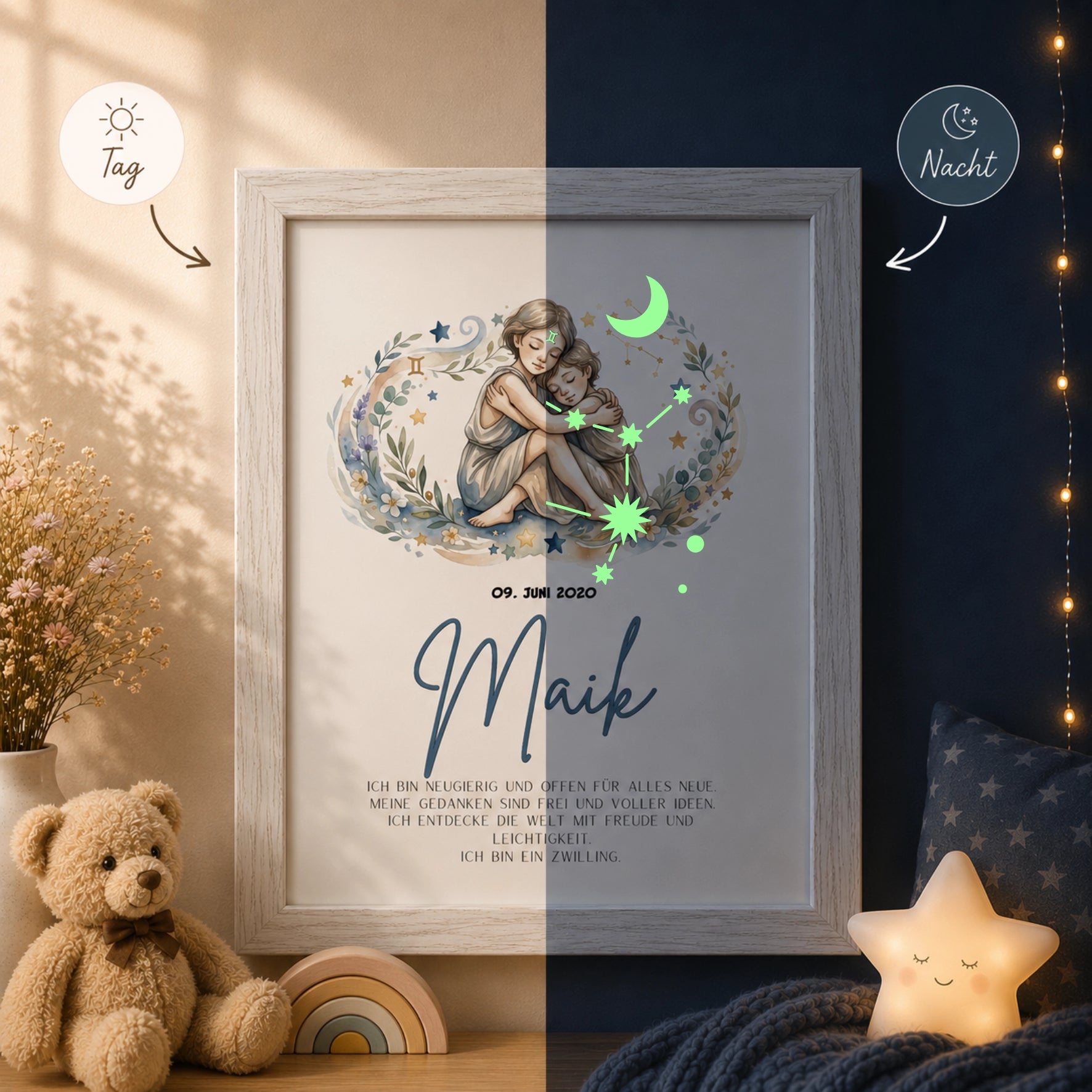 sternzeichen zwillinge bilderrahmen personalisiert mit glow effekt leuchtet im dunkeln kinderzimmer geschenk