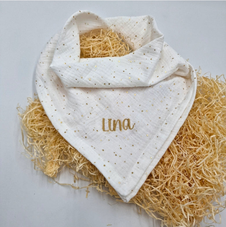 baby-musselin-nuscheli-weiss-mit-goldpunkten-personalisierbar mit namen