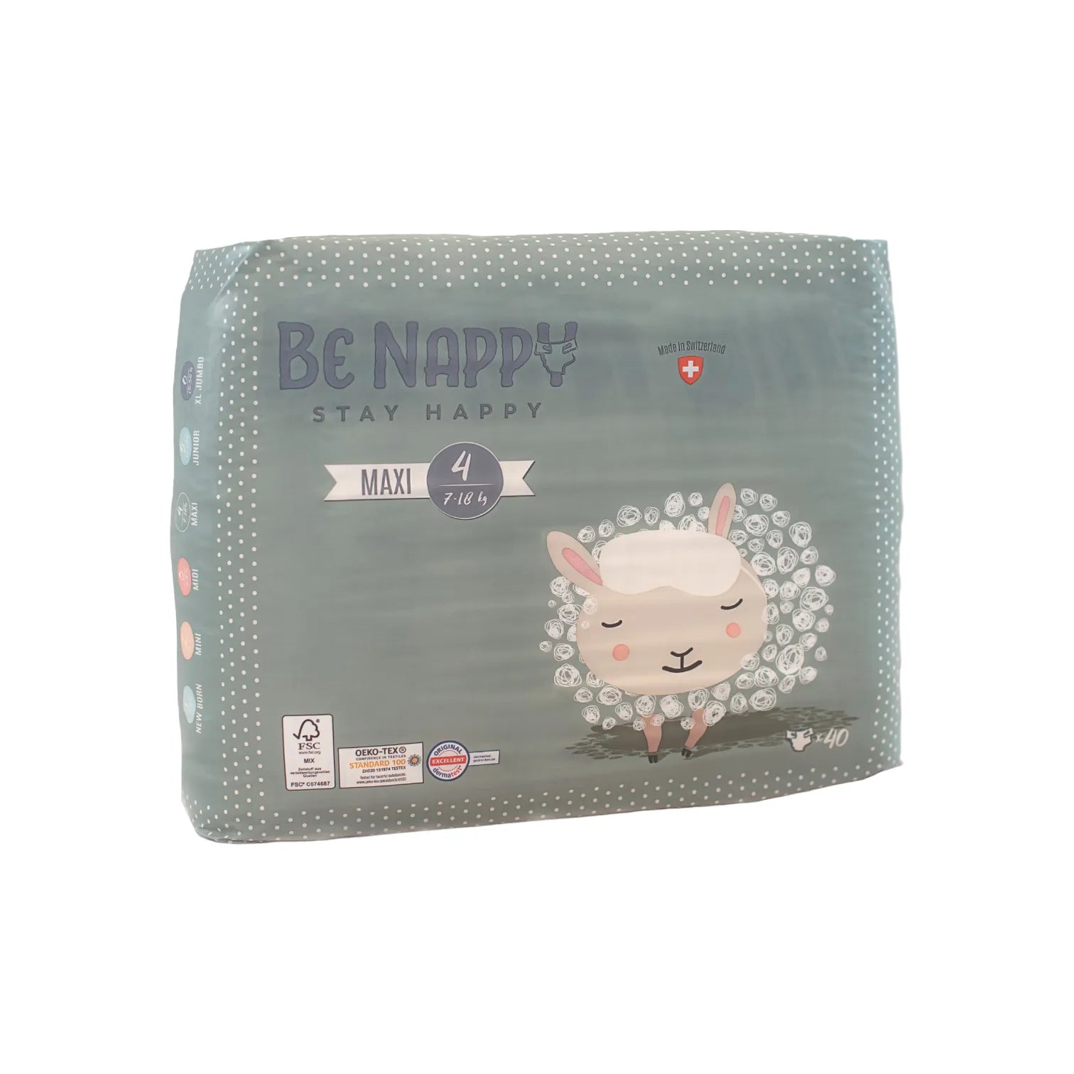 Vorderseite von hellgrauer Verpackung von Be Nappy Windeln Grösse Vier, 7-18kg. Mit Schafmotiv und Gütesiegel auf Verpackung. Verpackung beinhaltet 40 Windeln.