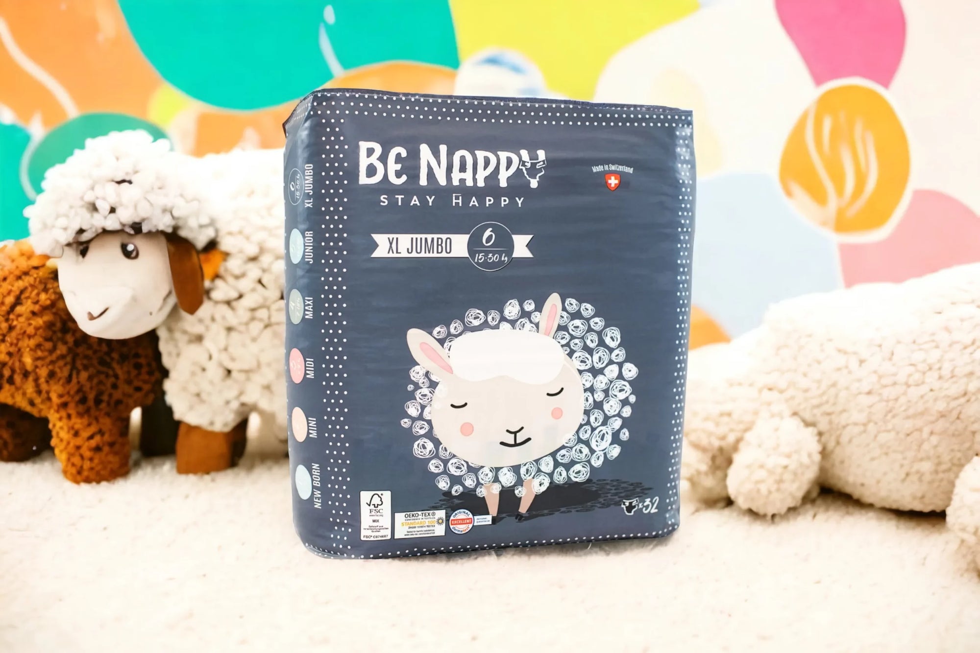 Vorderseite von Dunkelbrauer Verpackung von Be Nappy Windeln XL Jumbo Grösse Sechs, 15-30kg. Mit Schafmotiv und Gütesiegel auf Verpackung. Verpackung beinhaltet 32 Windeln.