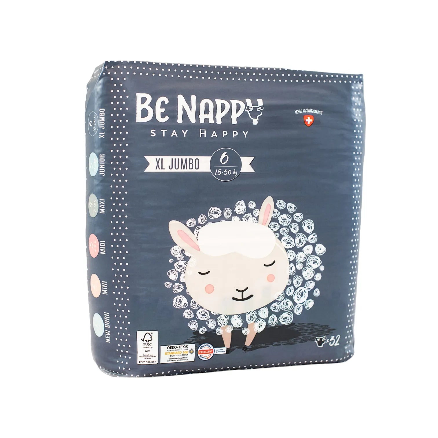 Vorderseite von Dunkelbrauer Verpackung von Be Nappy Windeln XL Jumbo Grösse Sechs, 15-30kg. Mit Schafmotiv und Gütesiegel auf Verpackung. Verpackung beinhaltet 32 Windeln.
