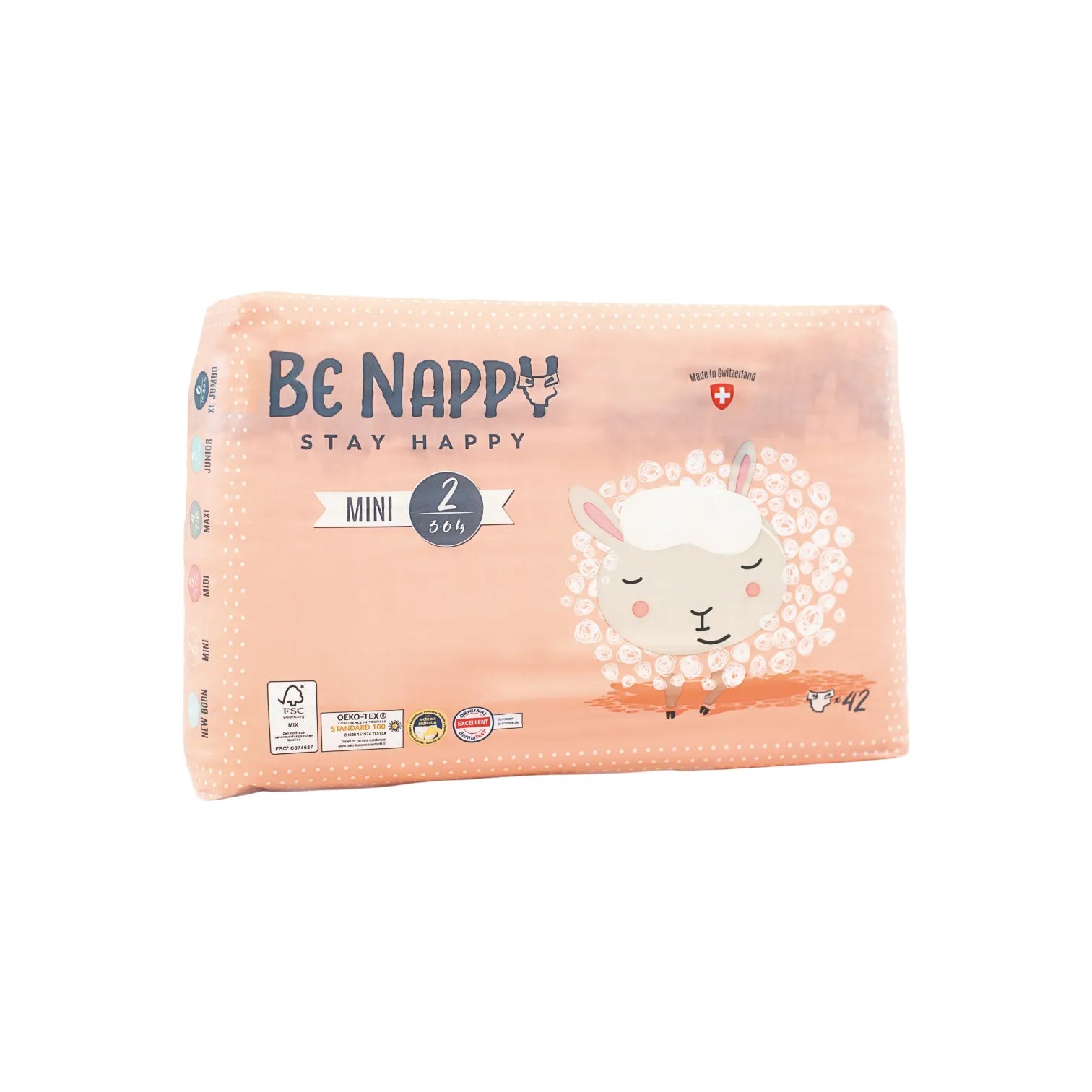 Vorderseite von lachsfarbener Verpackung von Be Nappy Windeln Grösse Zwei, 3-6kg. Mit Schafmotiv und Gütesiegel auf Verpackung. Verpackung beinhaltet 42 Windeln.