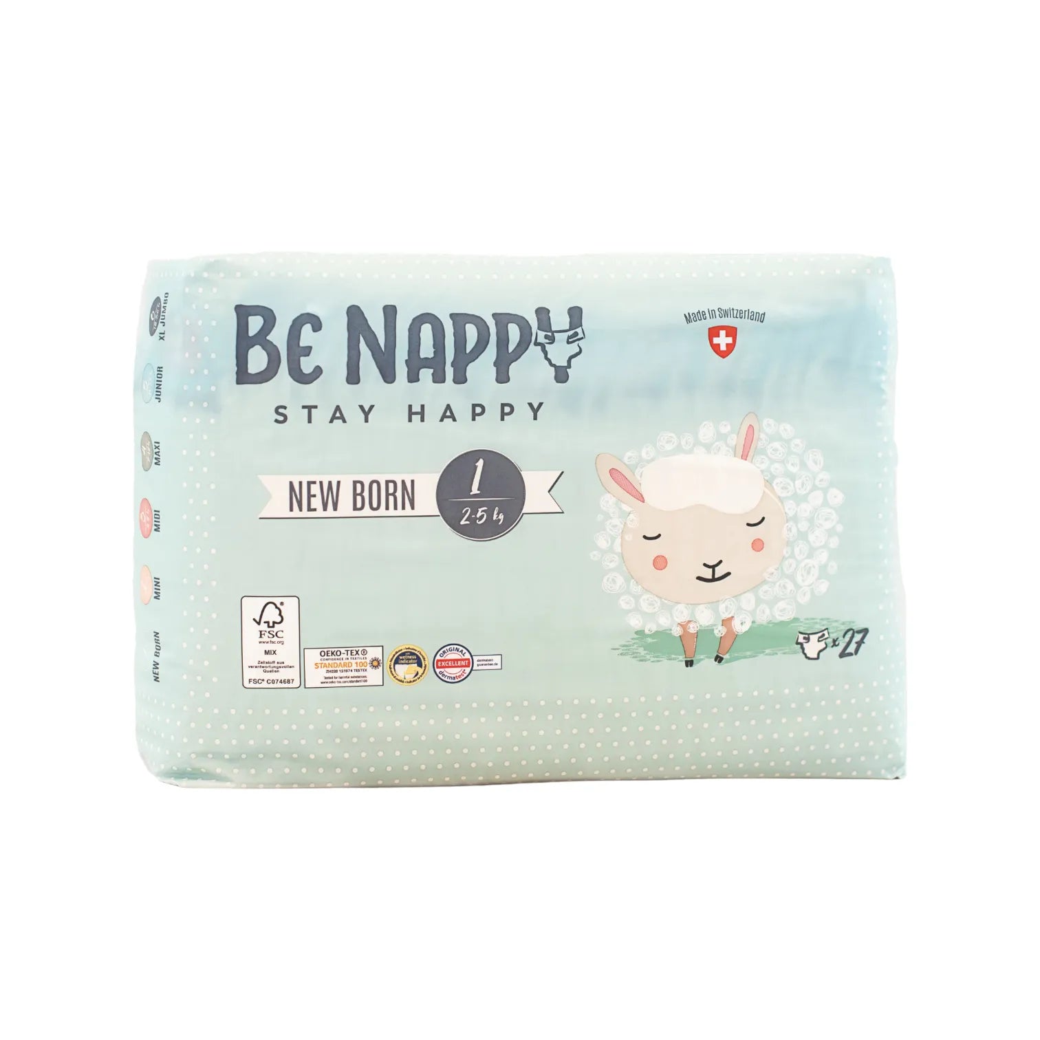 Vorderseite von hellgrüner, pastellfarbener Verpackung von Be Nappy Windeln für Neugeborene, Grösse Eins 2-5kg. Mit Schafmotiv und Gütesiegel auf Verpackung. Verpackung beinhaltet 27 Windeln.