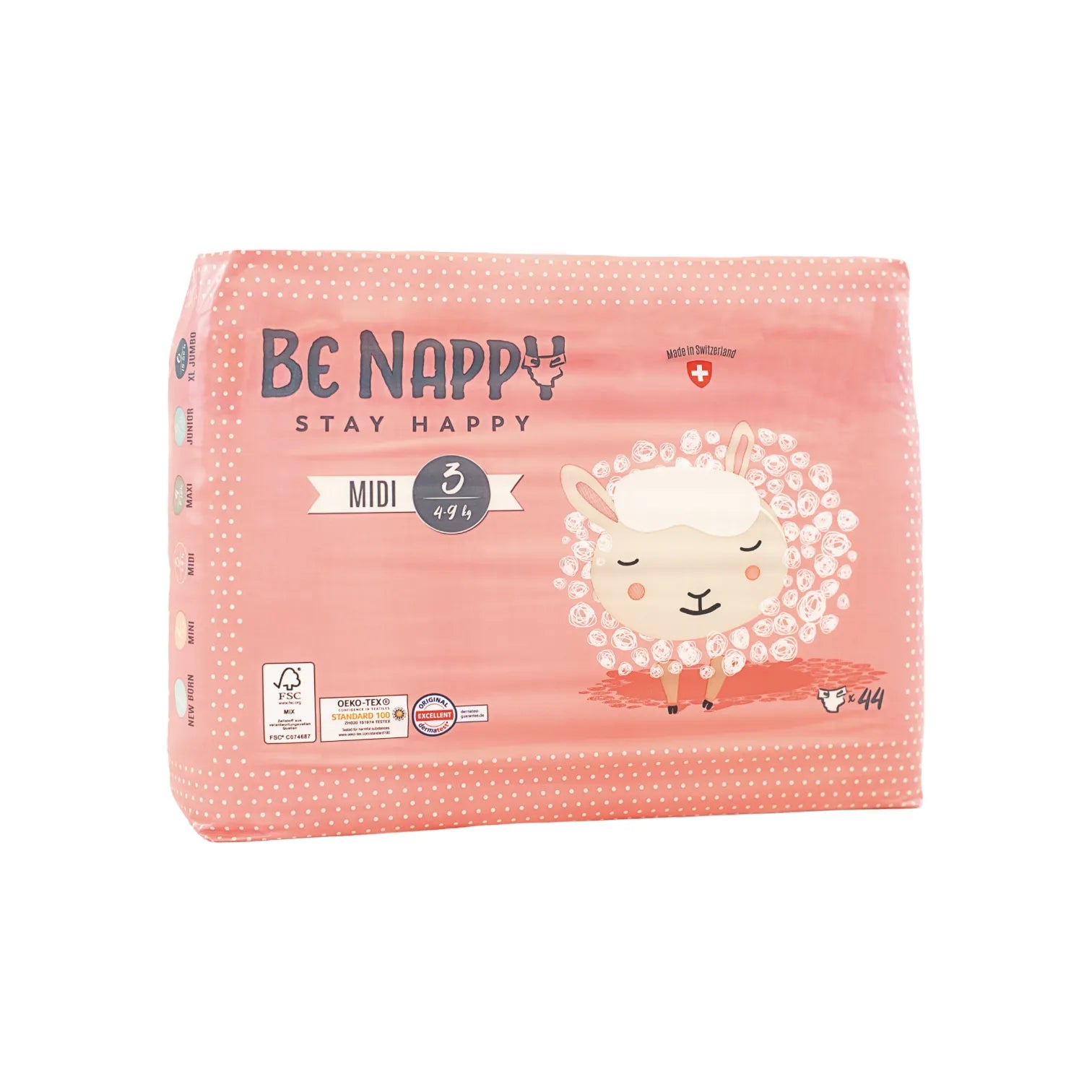 Vorderseite von pinkfarbener Verpackung von Be Nappy Windeln Grösse Drei, 4-9kg. Mit Schafmotiv und Gütesiegel auf Verpackung. Verpackung beinhaltet 44 Windeln.