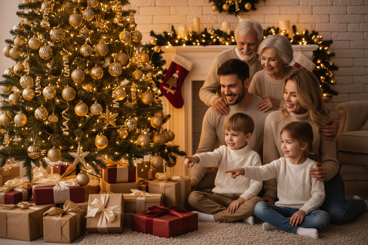 Bild mit weihnachtsbaum und goldglitzernem baumschmuck mit schönen Geschenken darunter und 2 glücklichen Kindern mit Eltern und Grosseltern