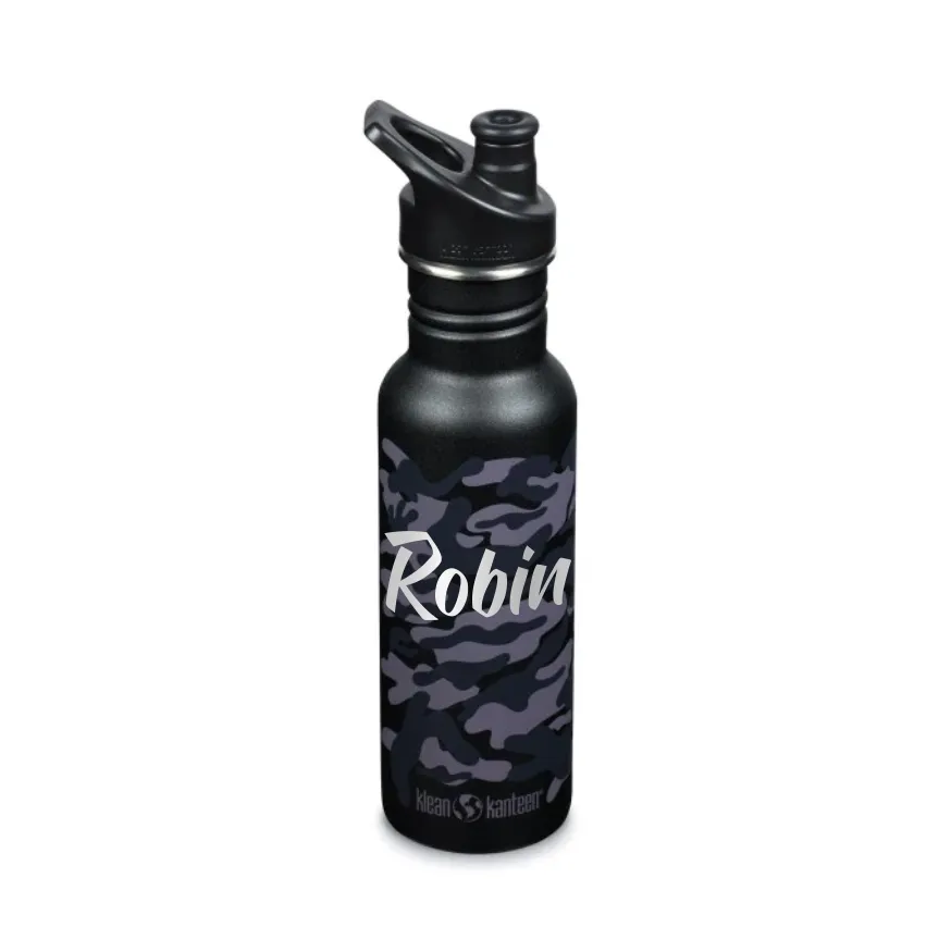 Schwarze Camouflage Klean Kanteen Kinder Trinkflasche mit schwarzer Verschlusskappe, mit Namen personalisierbar.