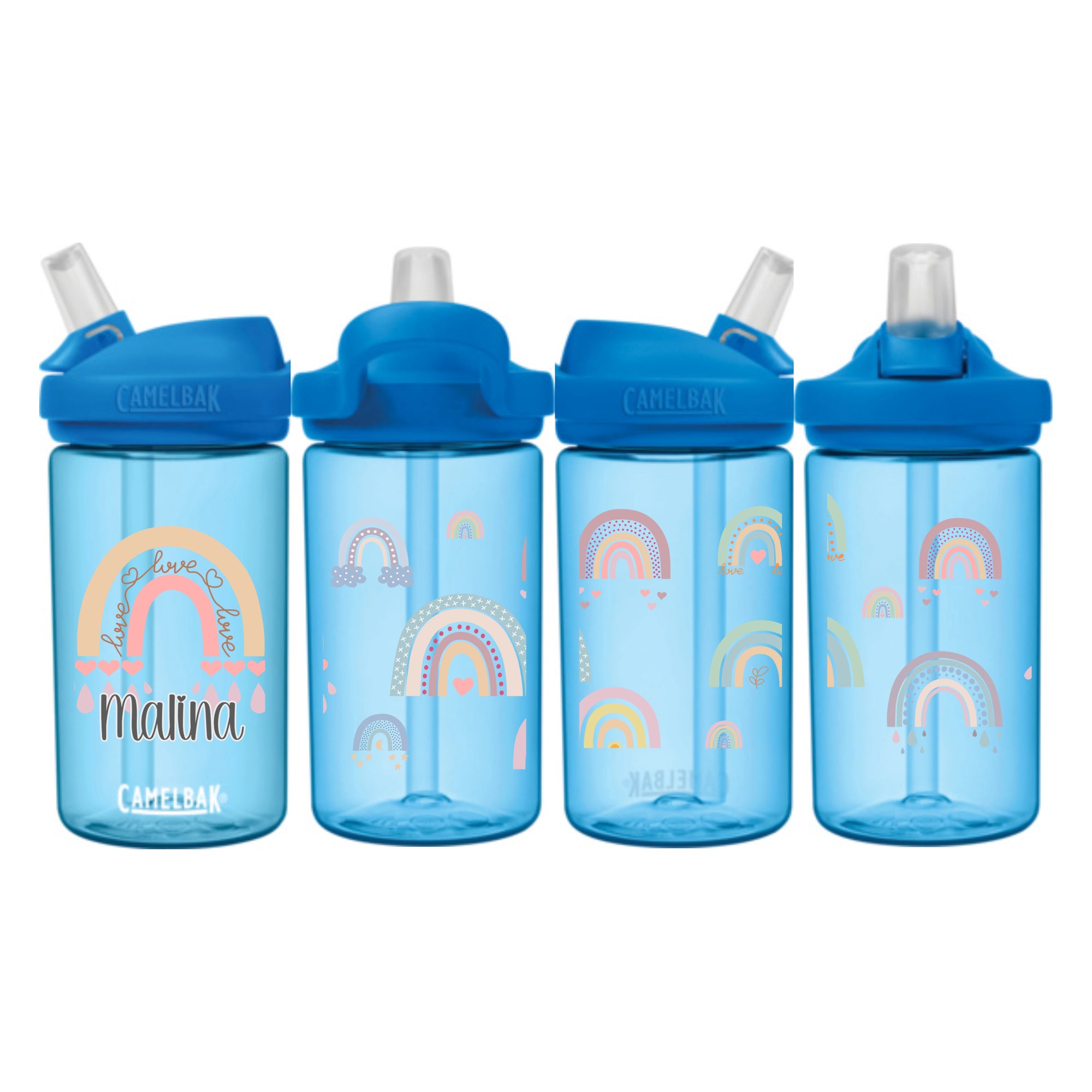 Blaue eddy Camelbak Trinkflasche für Kinder, mit Boho Regenbogen-Motiv und mit Namen personalisiert. Blauer Aufsatz mit Strohhalm.