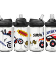 Clear weisse eddy Camelbak Trinkflasche für Kinder, mit Motocross Monstertruck-Motiv und mit Namen personalisiert. Schwarzer Aufsatz mit Strohhalm.