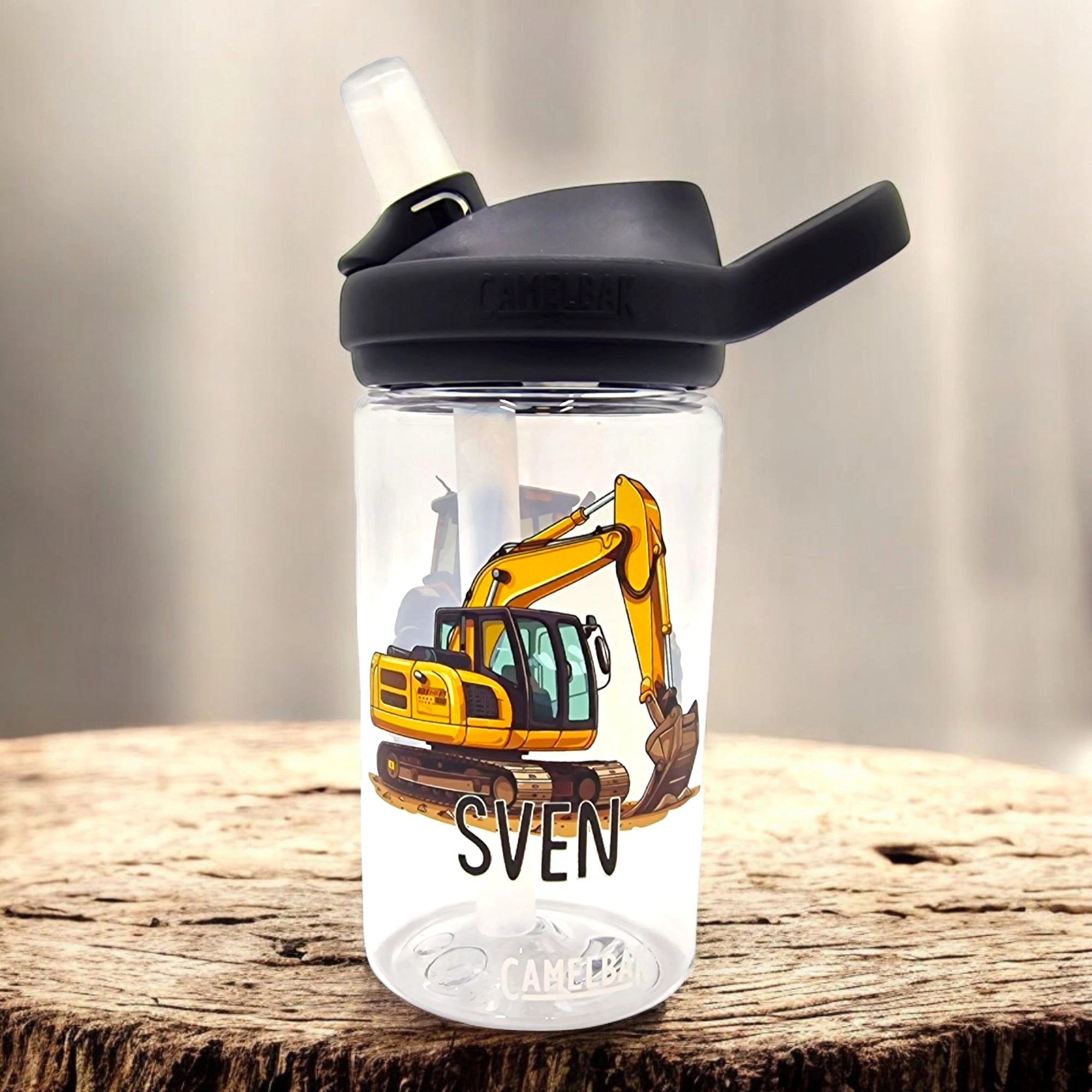 camelbak clear trinkflasche mit bagger sujet und namen bedruckt