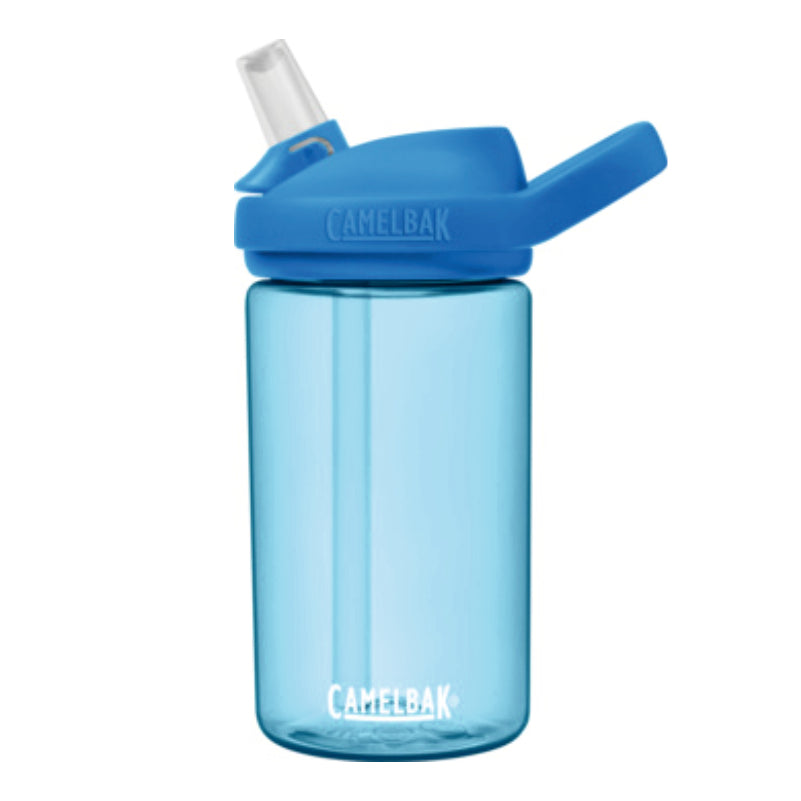 Camelbak Kinder Trinkflasche blau mit durchsichtigem Strohhalm und blauem Verschluss und Griff