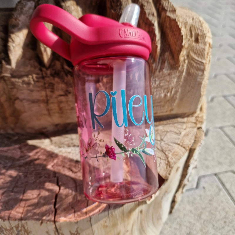 Camelbak Kinder Trinkflasche Blumenkranz und Namen Pinker Strohalmaufsatz