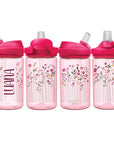 Rote eddy Camelbak Trinkflasche für Kinder, mit Blumenwiesen-Motiv und mit Namen personalisiert. Roter Aufsatz mit Strohhalm.