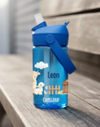 wunderschöne blaue trinkflasche mit bauernhofmotiv und name personalisiert