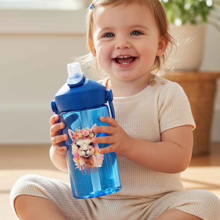camelbak flasche blau mit süssem lama motiv und namen personalisiert