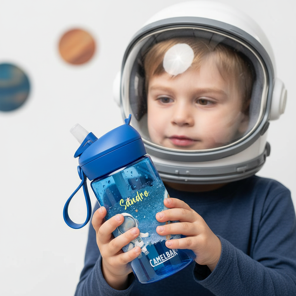 junge hält seine personalisierte trinkflasche mit weltall motiv in den händen