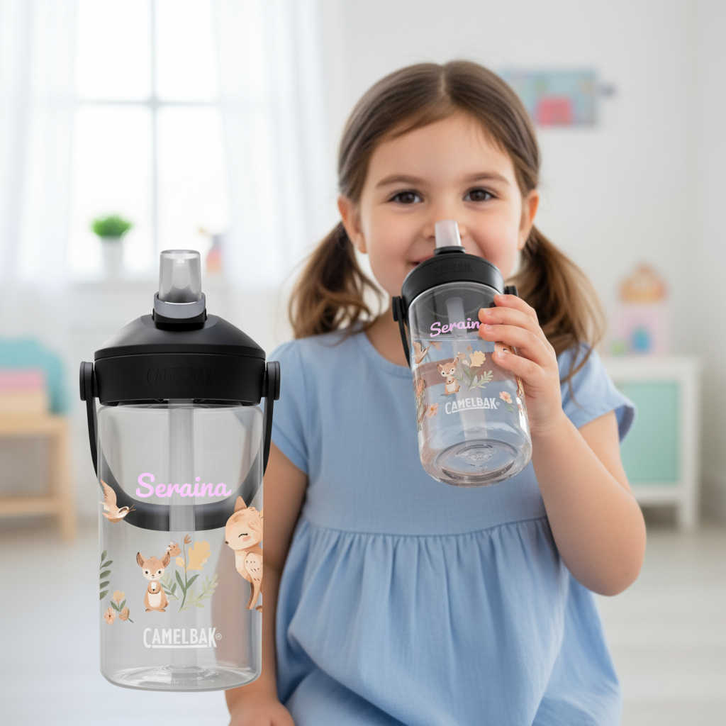 camelbak trinklflashe clear in der Hand eines süssen mädchen mit waldtieren und Namen personalisiert