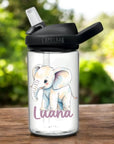 Camelbak Kinder Trinkflasche Elefant. Clear Weisse eddy Camelbak Trinkflasche für Kinder, mit Tier-Motiv und mit Namen personalisiert. Schwarzer Aufsatz mit Strohhalm.
