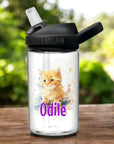 Camelbak Kinder Trinkflasche Katze. Clear Weisse eddy Camelbak Trinkflasche für Kinder, mit Tier-Motiv und mit Namen personalisiert. Schwarzer Aufsatz mit Strohhalm.