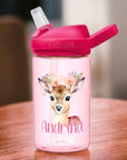 pinke camelbak mit passendem strohhalm aufsatz personalisiert mit namen und einem süssem reh pink motiv